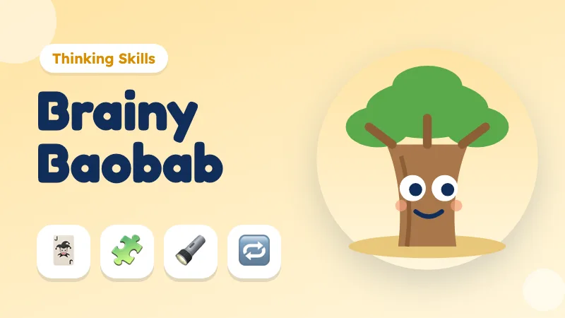 Brainy Baobab cover: a smiling baobab tree with memory cards, a pattern and a shadow puzzle