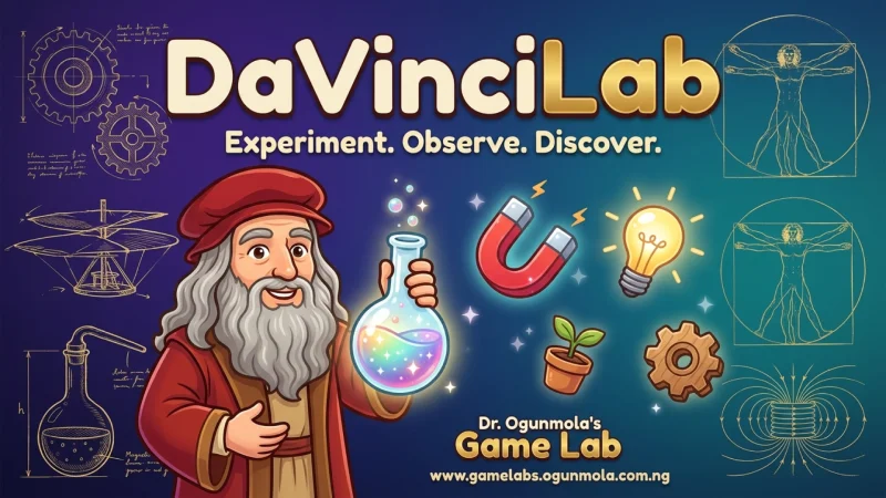 DaVinciLab cover illustration with Leonardo da Vinci, science beaker, magnet, light bulb and gear