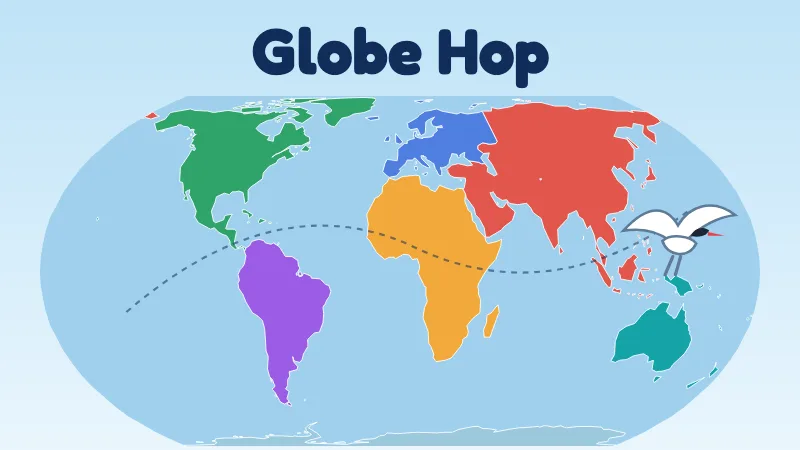 Globe Hop cover: an Arctic tern flying over a true-size world map with the seven continents in colour