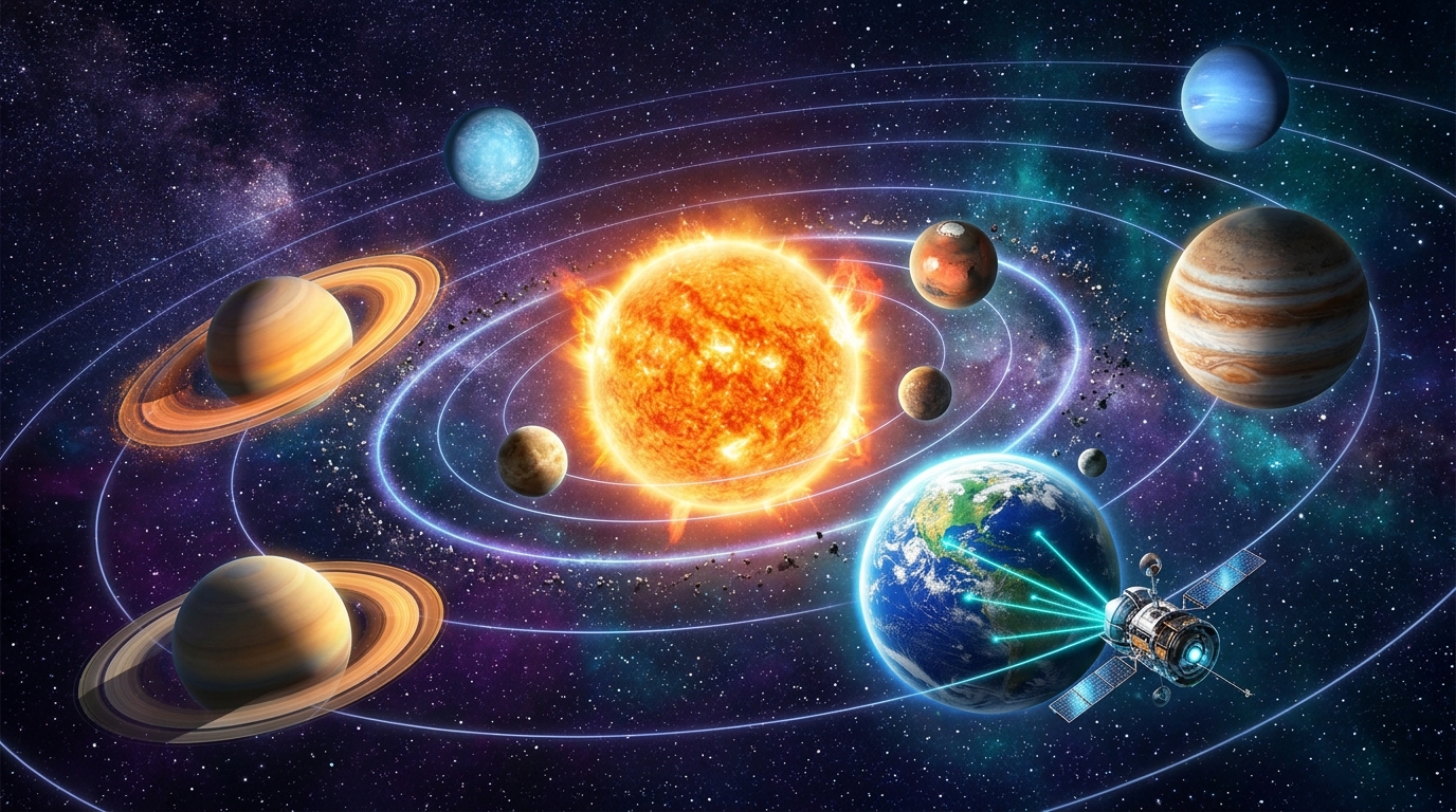 HyperOrbit Solar System Simulator showing glowing Sun, orbiting planets, and space probe