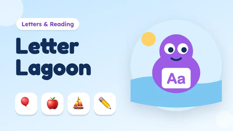 Letter Lagoon cover: a purple character holding Aa in a lagoon with letter balloons