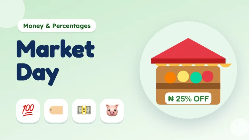 Market Day cover: a market stall with fruit and a 25% off naira price tag