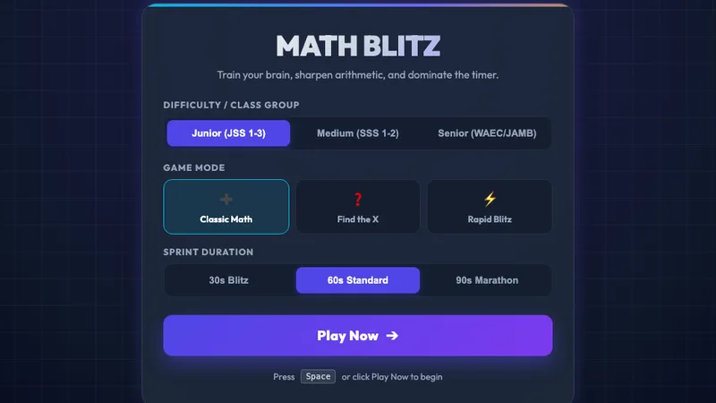 MathsBlitz start screen with class group, game mode and sprint duration options