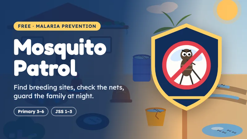 Mosquito Patrol cover: a patrol badge with a crossed-out cartoon mosquito over a family compound