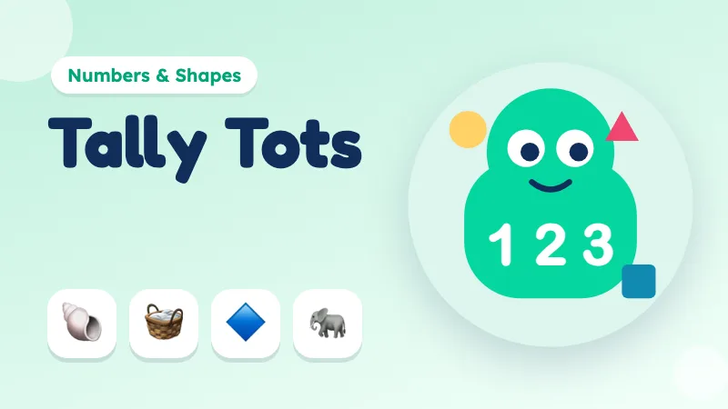 Tally Tots cover: a friendly green counting character with mangoes, a basket and colourful shapes